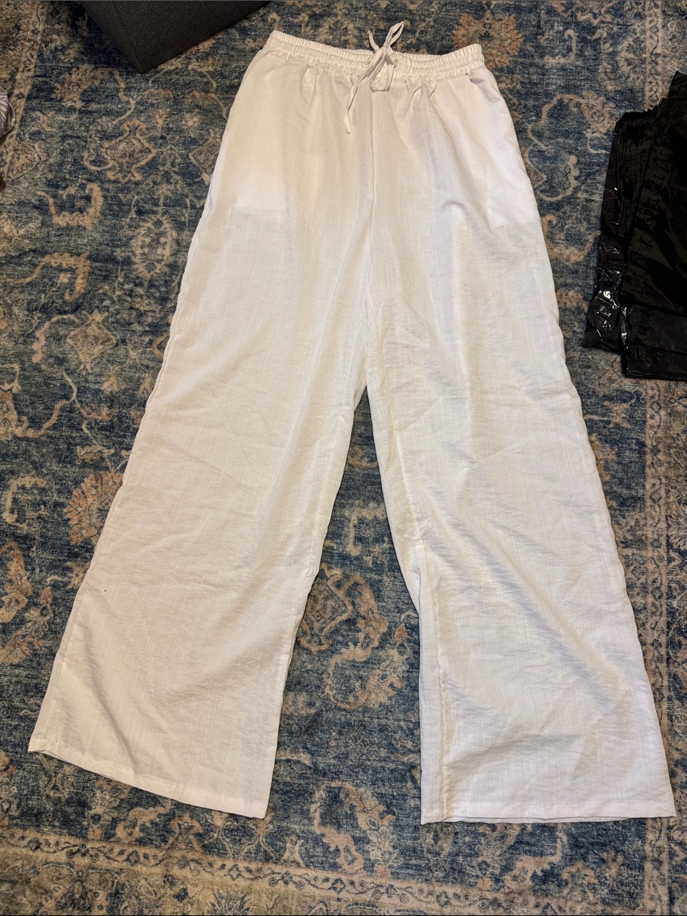 White Wide-Leg Drawstring Linen Pants